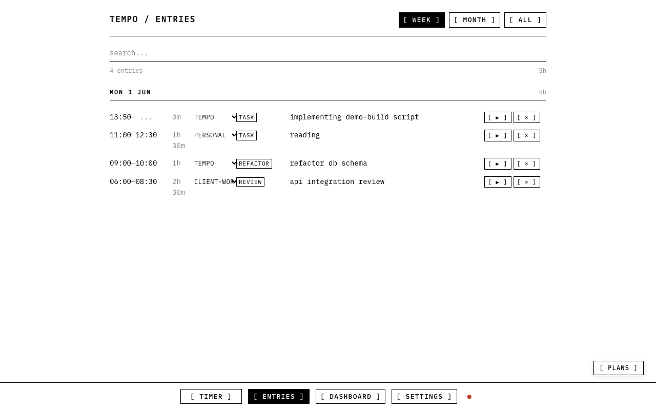 entries — full log with project breakdown