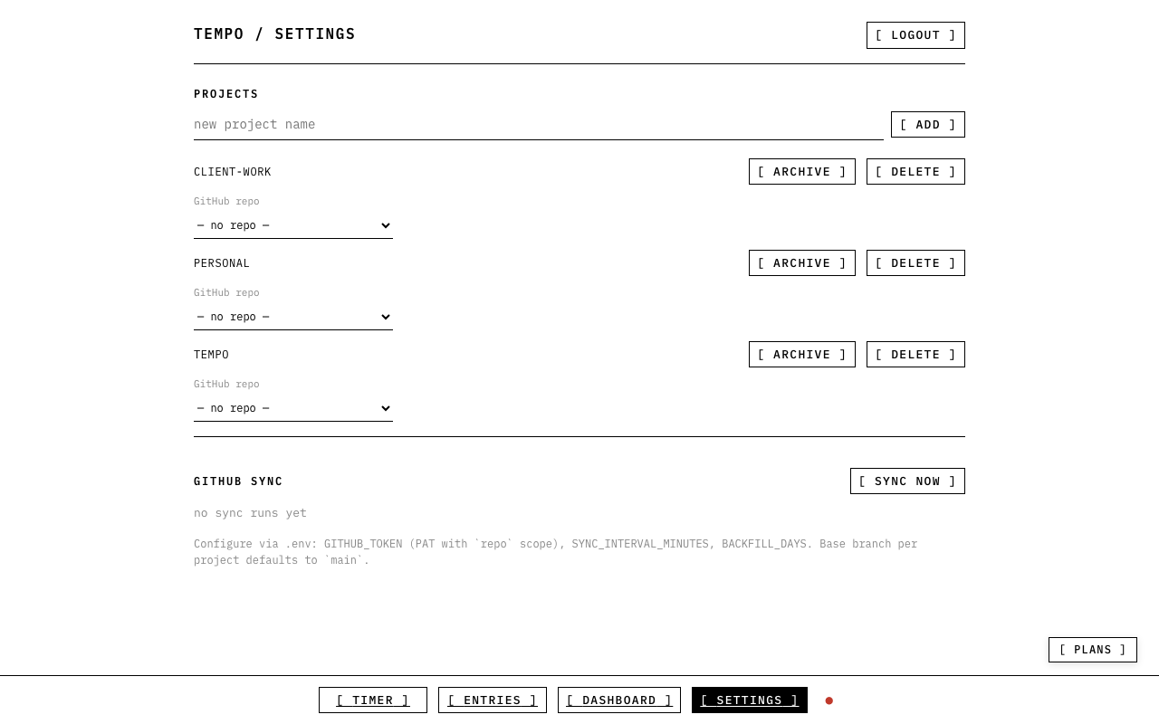 settings — projects and github sync config